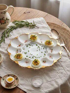 Fire King Anchor Hocking White Milk Glass Egg Plate Gold Trim Vintage MCM